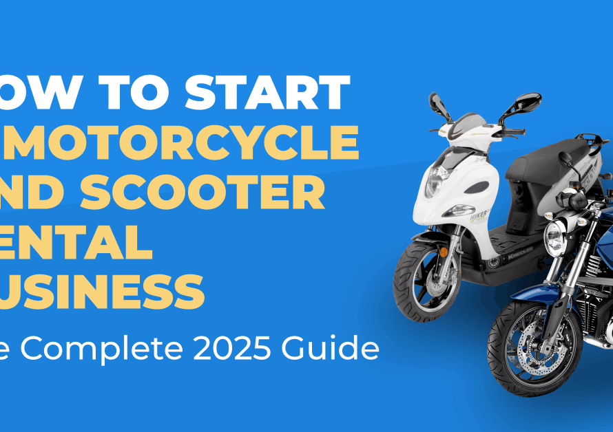 Blue banner reading "How to Start a Motorcycle and Scooter Rental Business" beside a white scooter and a blue motorbike