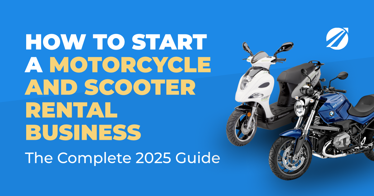Blue banner reading "How to Start a Motorcycle and Scooter Rental Business" beside a white scooter and a blue motorbike