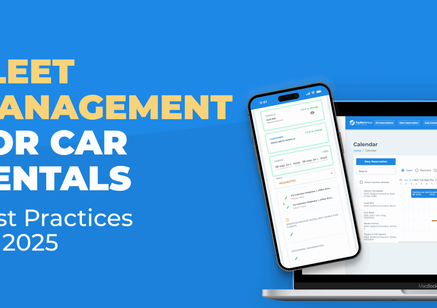 Blue banner reading Fleet Management for Car Rentals, with a phone and laptop showing the TopRentApp booking calendar