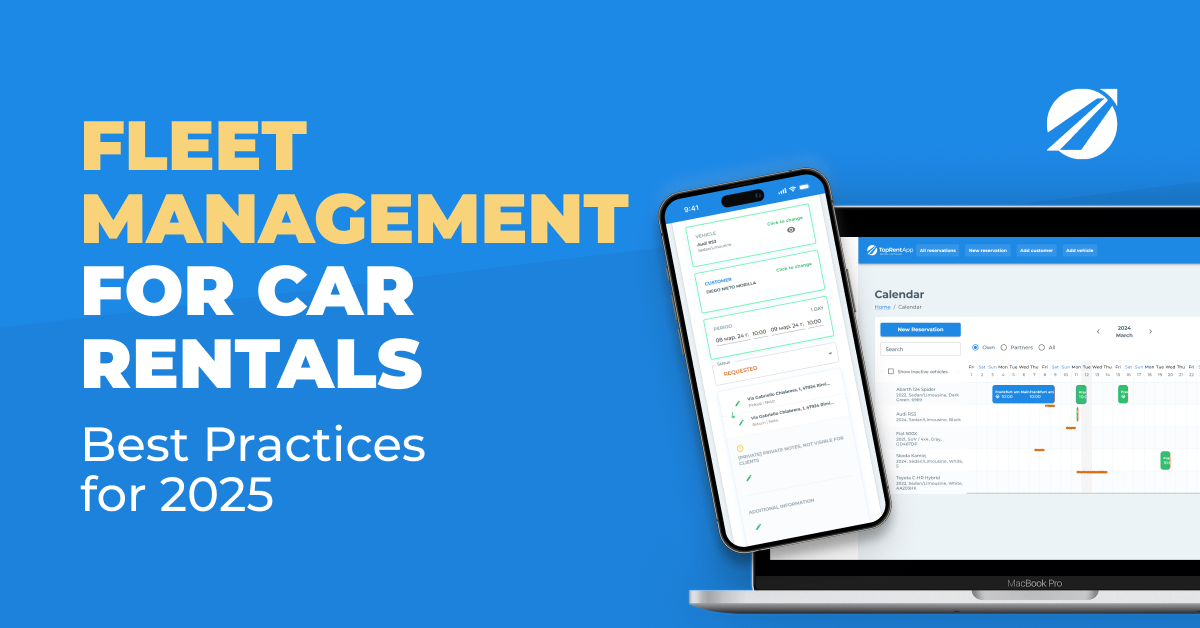 Blue banner reading Fleet Management for Car Rentals, with a phone and laptop showing the TopRentApp booking calendar