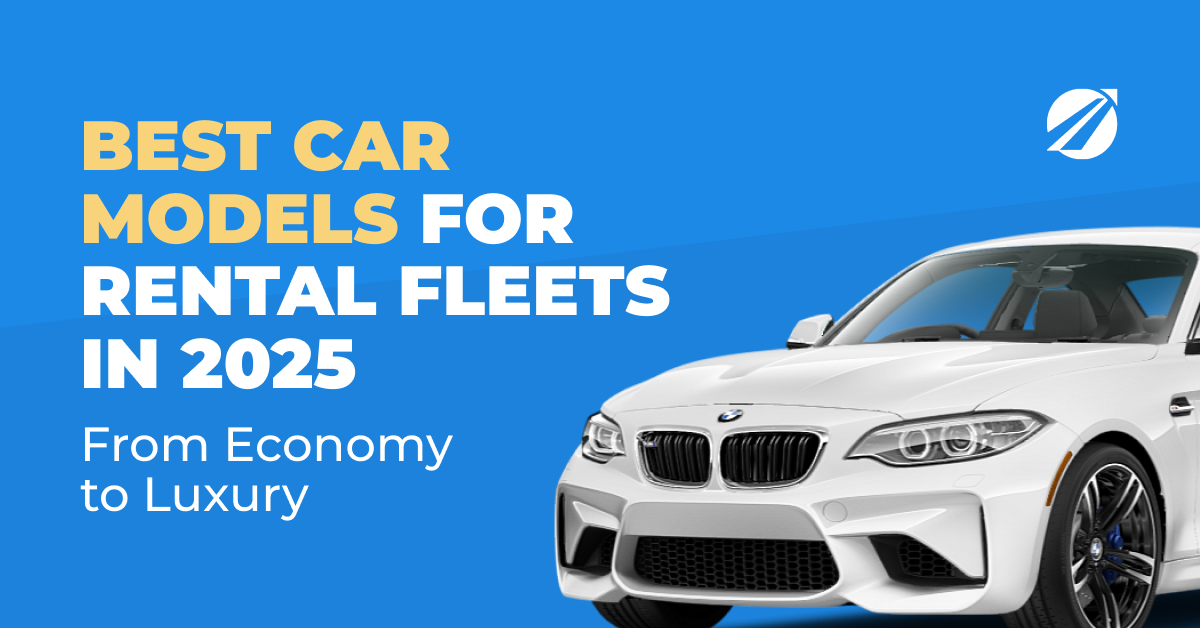 Blue cover titled 'Best Car Models for Rental Fleets' beside the front of a white sports coupe