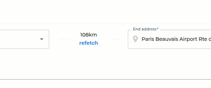 Delivery block of the offer generator with start and end address, 108 km distance, cost field and ×1.5 multiplier