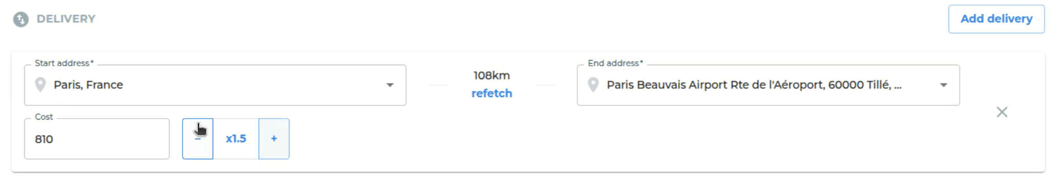 Delivery block of the offer generator with start and end address, 108 km distance, cost field and ×1.5 multiplier