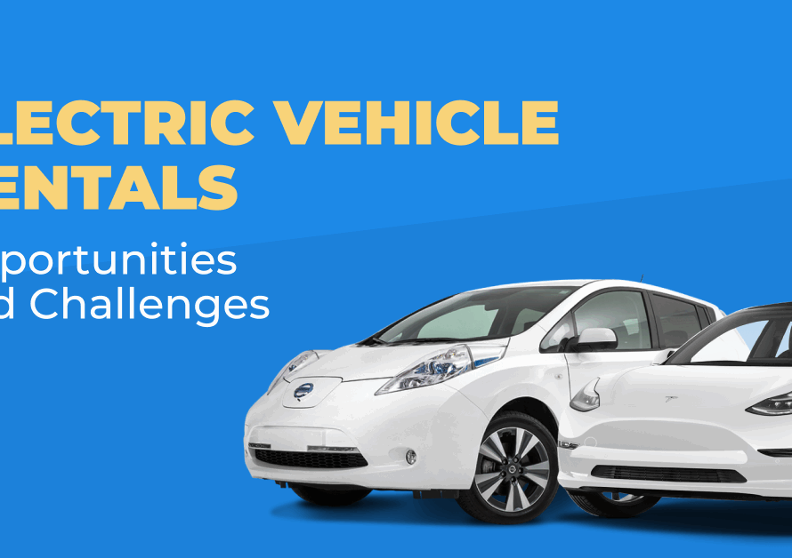 Blue "Electric Vehicle Rentals: Opportunities and Challenges" banner with two white electric cars