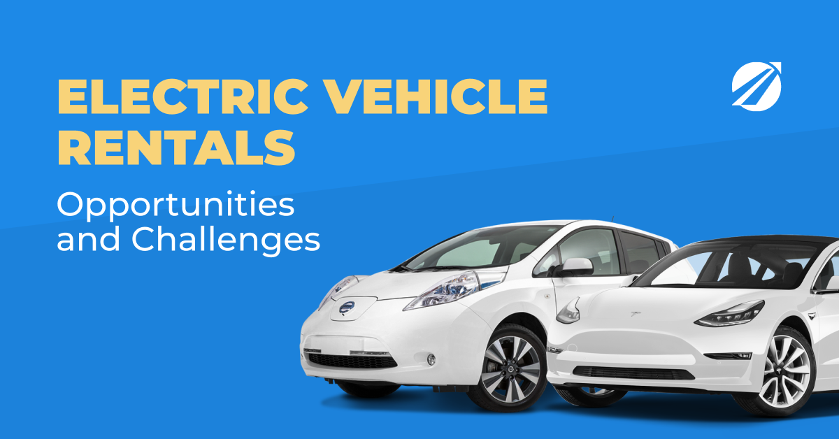 Blue "Electric Vehicle Rentals: Opportunities and Challenges" banner with two white electric cars