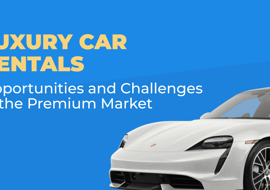 White luxury sports car on a blue background beside the headline on luxury car rentals in the premium market