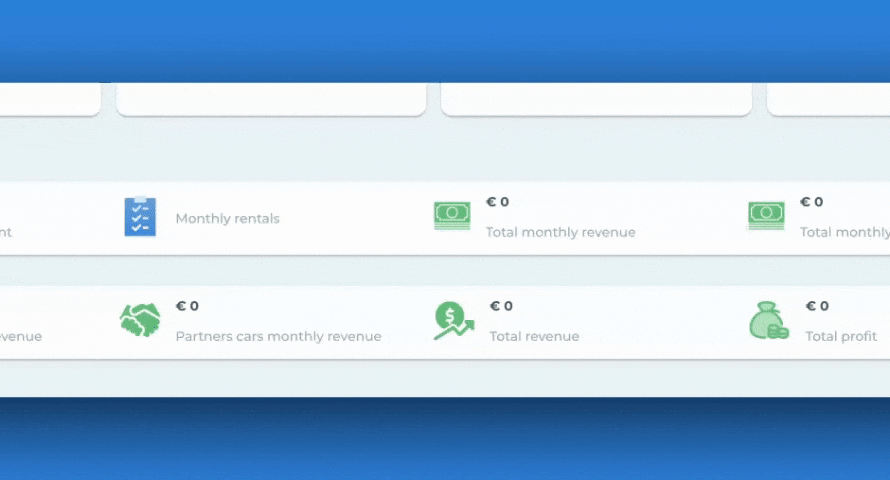 TopRentApp dashboard KPI row with the "Hide financial data" toggle and all revenue figures at zero