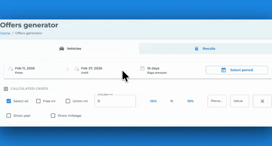 Offer generator options with the Show year and Show mileage checkboxes being ticked by the cursor