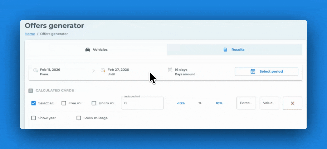 Offer generator options with the Show year and Show mileage checkboxes being ticked by the cursor