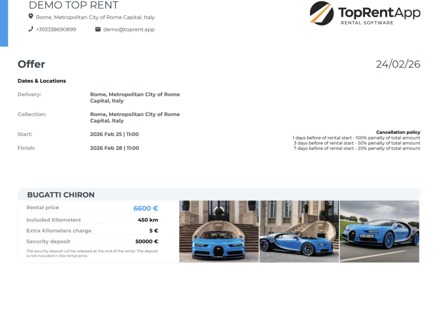 Offer document generated by TopRentApp with rental dates, locations, price breakdown and three photos of a blue sports car