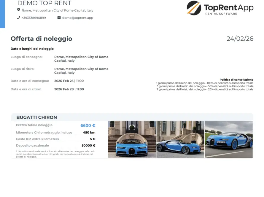 Offerta di noleggio generata da TopRentApp per una Bugatti Chiron, con date, prezzi e foto dell'auto