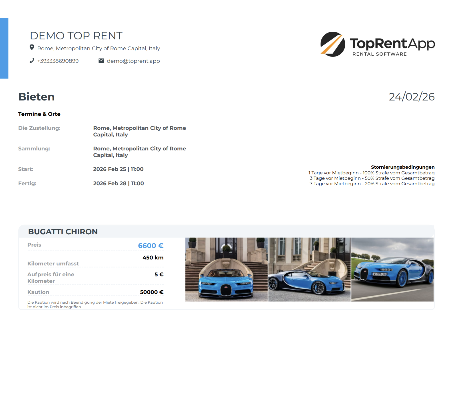Mit dem Angebots-Generator erstelltes Mietangebot mit Terminen, Preis, Kilometern, Kaution und Fahrzeugfotos