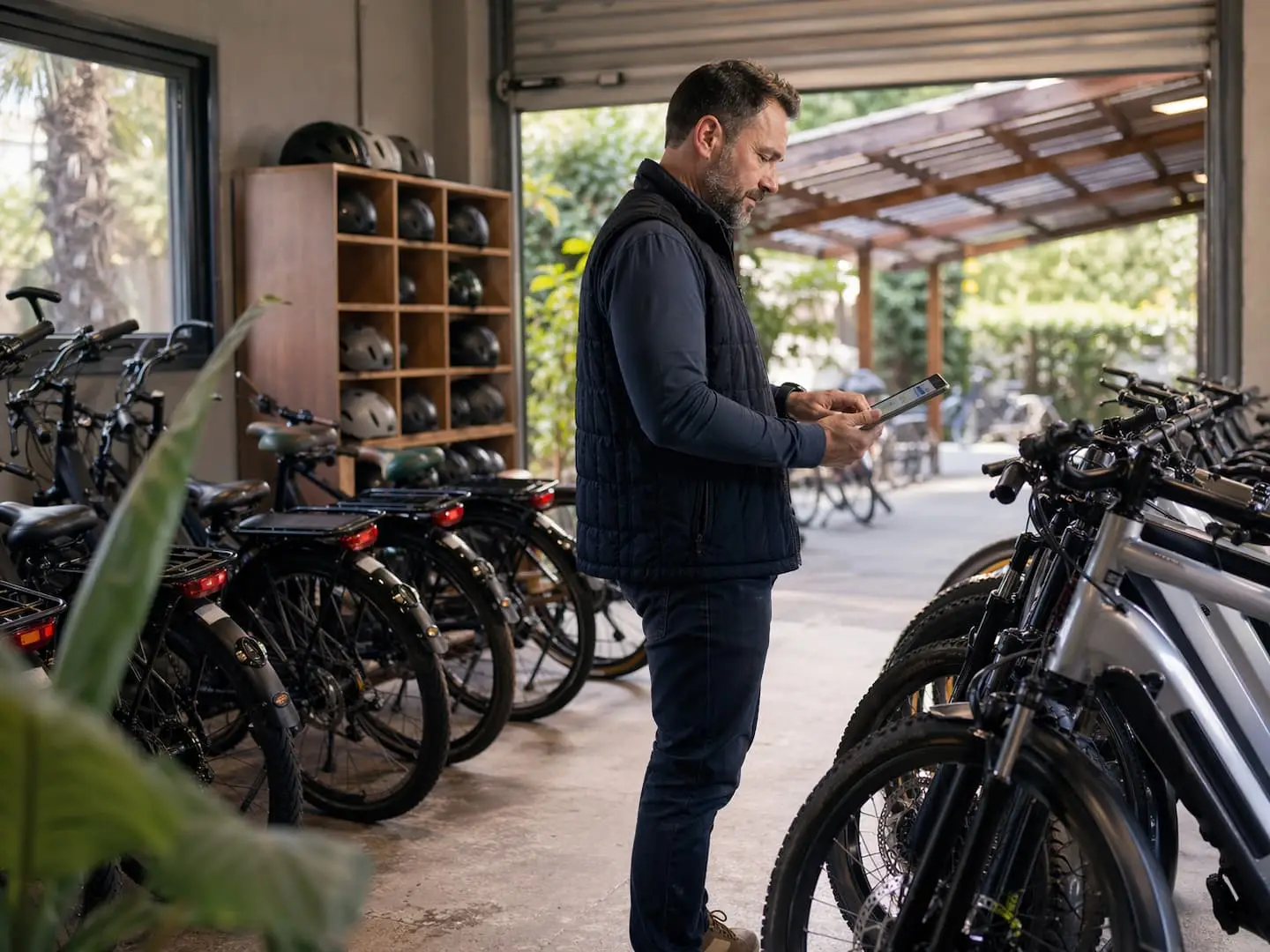 Bike rental manager reviewing operations near an organized fleet of rental bicycles