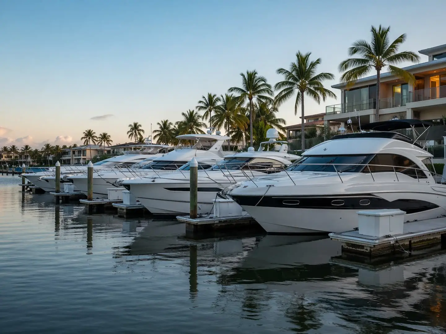 Yachts docked at a modern marina representing customizable yacht rental software and fleet management