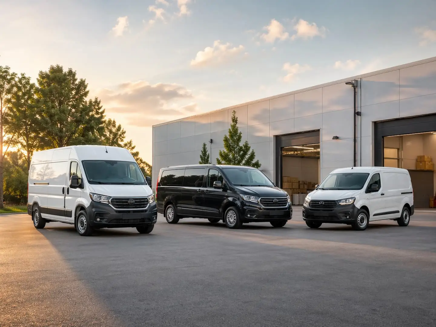 Fleet of rental vans parked outside a modern facility for rental van management software