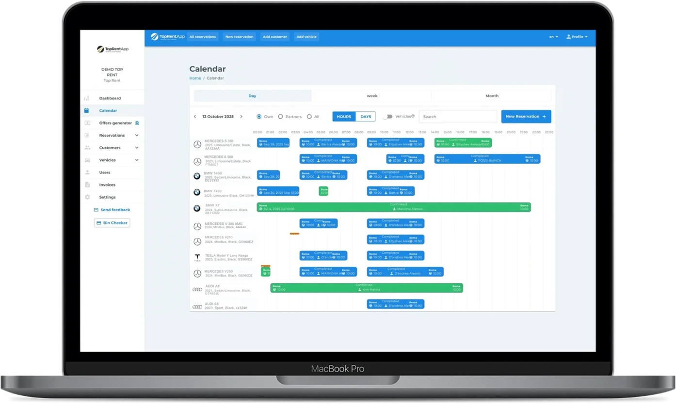 TopRentApp su MacBook: calendario prenotazioni