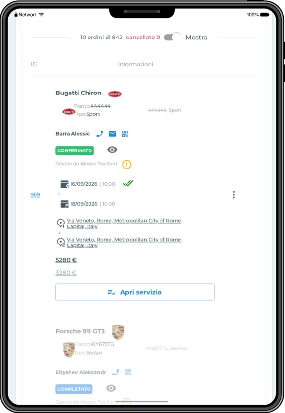 TopRentApp su tablet: dettaglio prenotazioni
