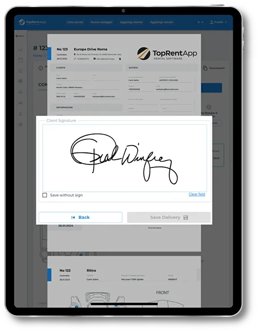 TopRentApp su tablet: contratto con firma digitale