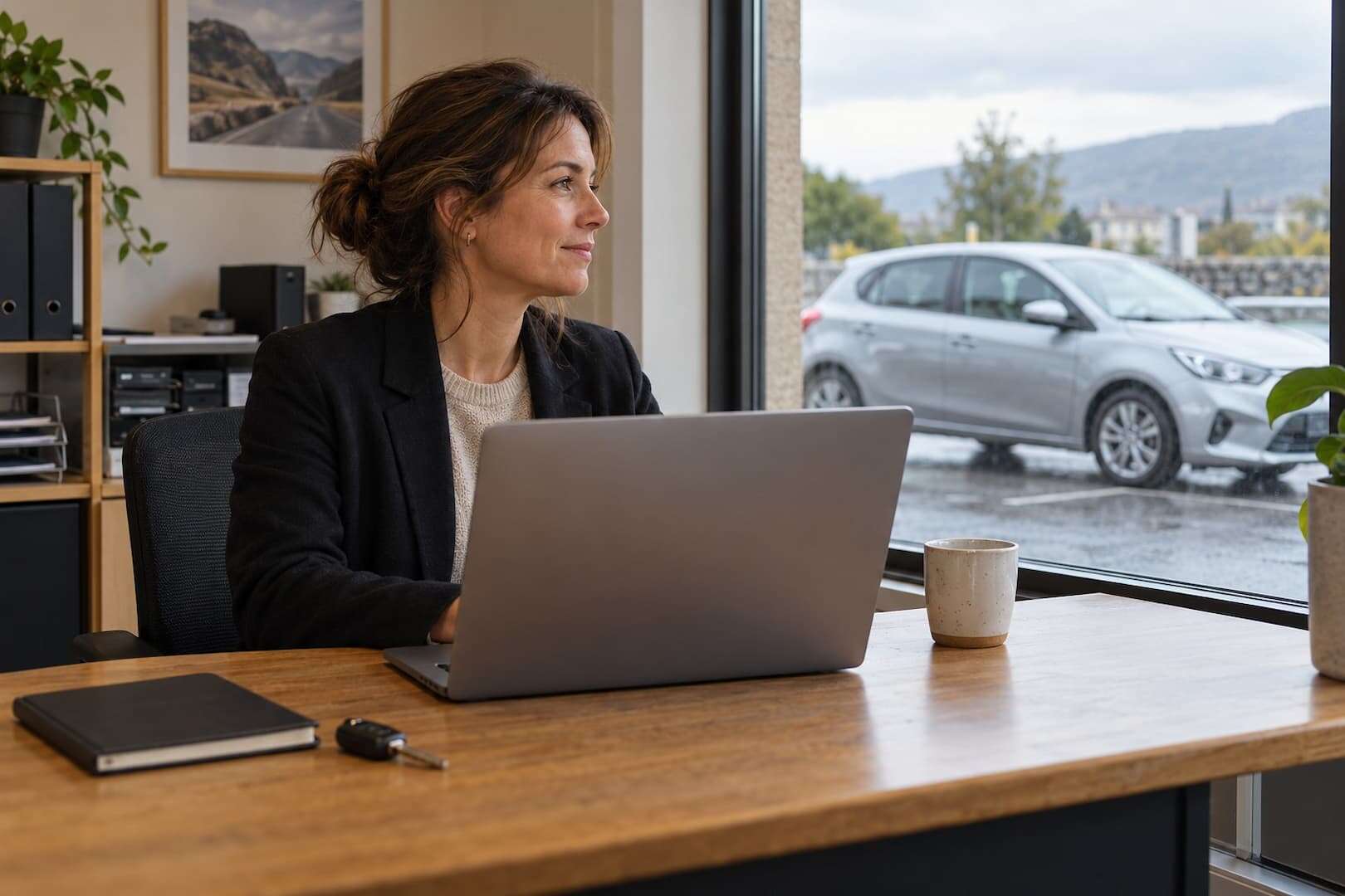 Business owner reviewing rental enquiries at a desk beside the vehicle yard