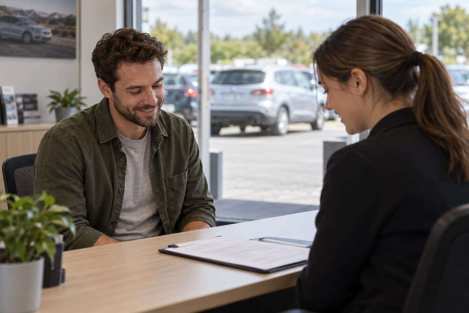 A rental agent and customer discussing paperwork at an office desk