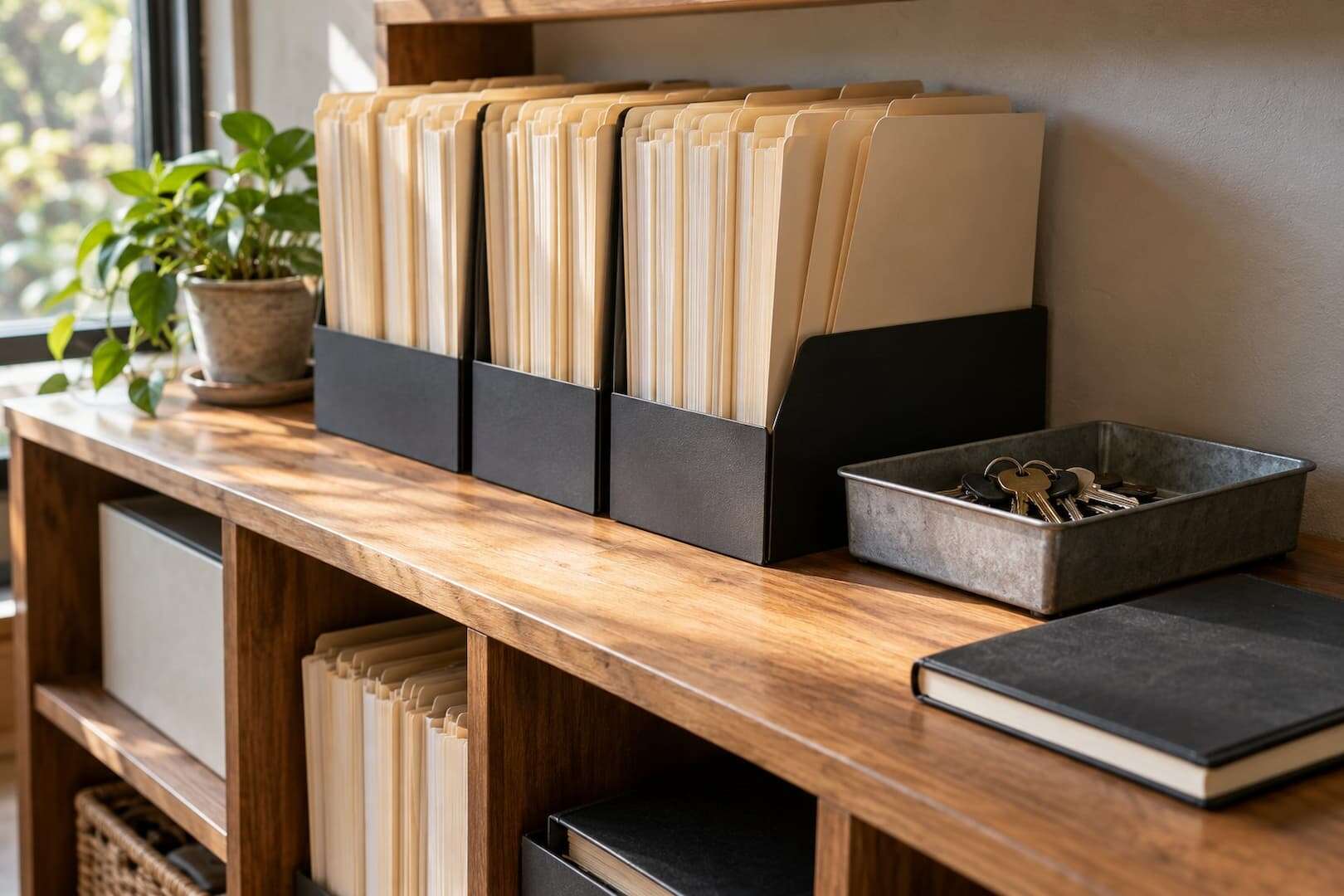 Organized rental files and a single key tray on an office shelf