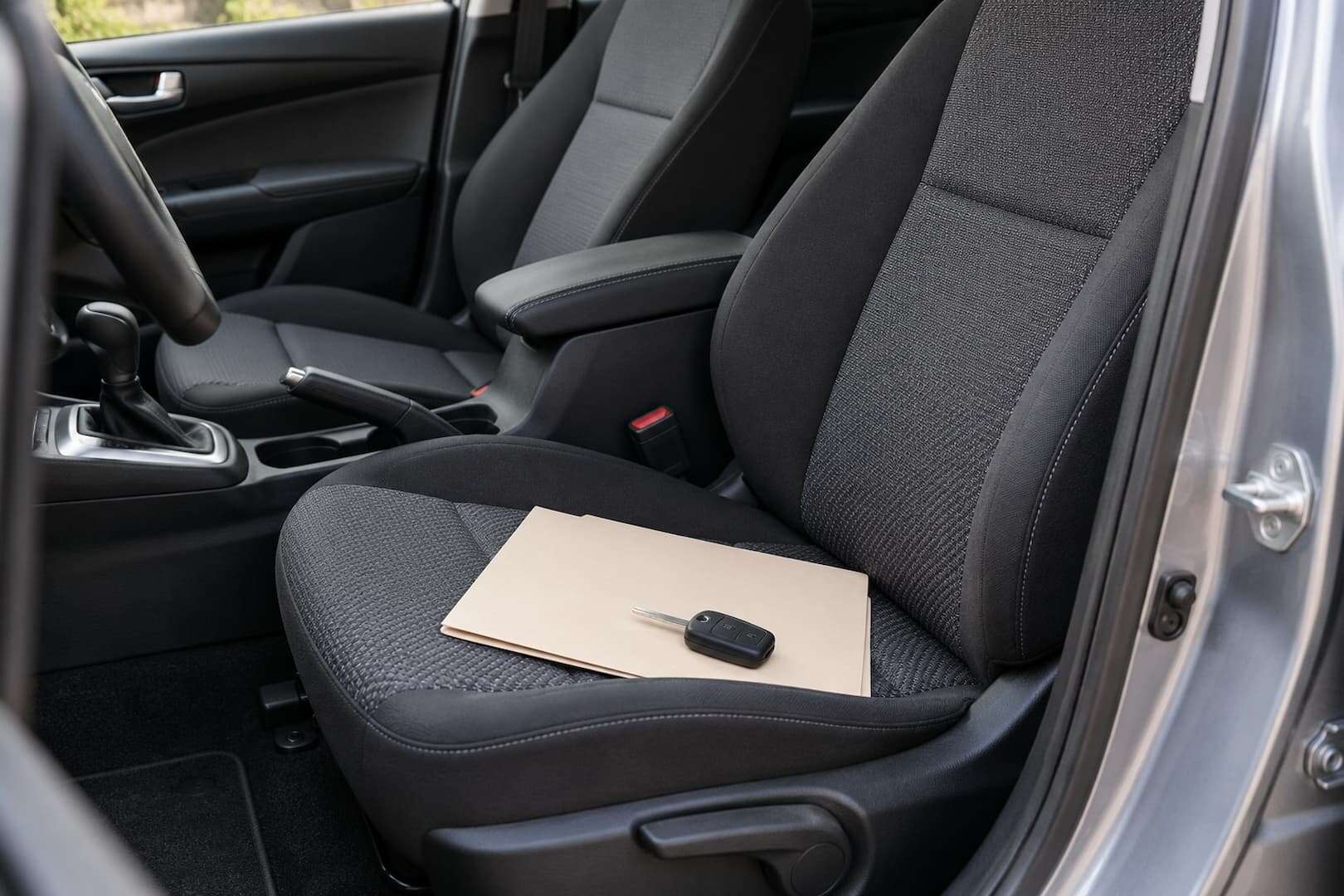A folder and car key prepared inside a clean rental vehicle