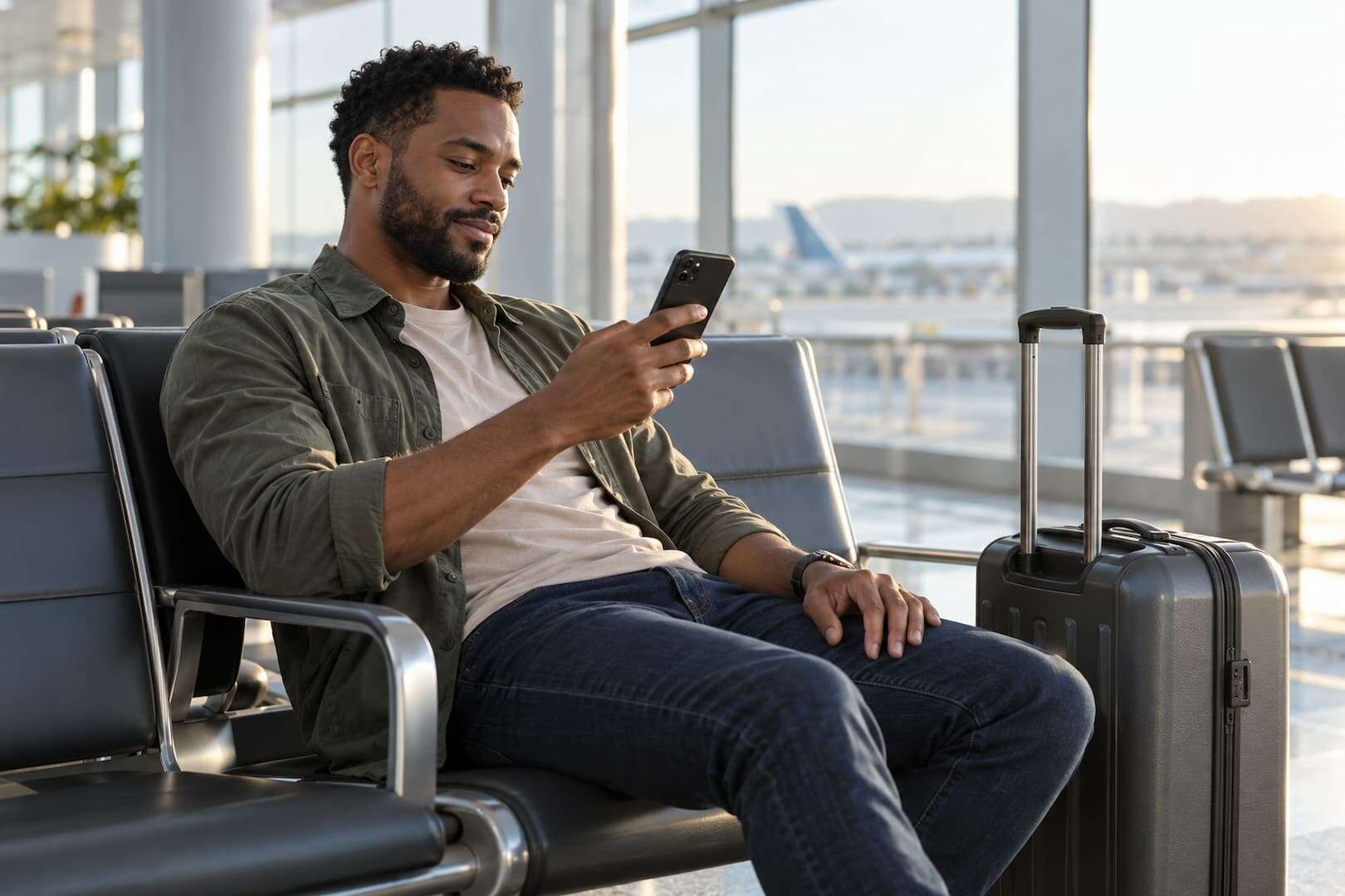 Traveller using a smartphone beside a packed suitcase in a bright lounge