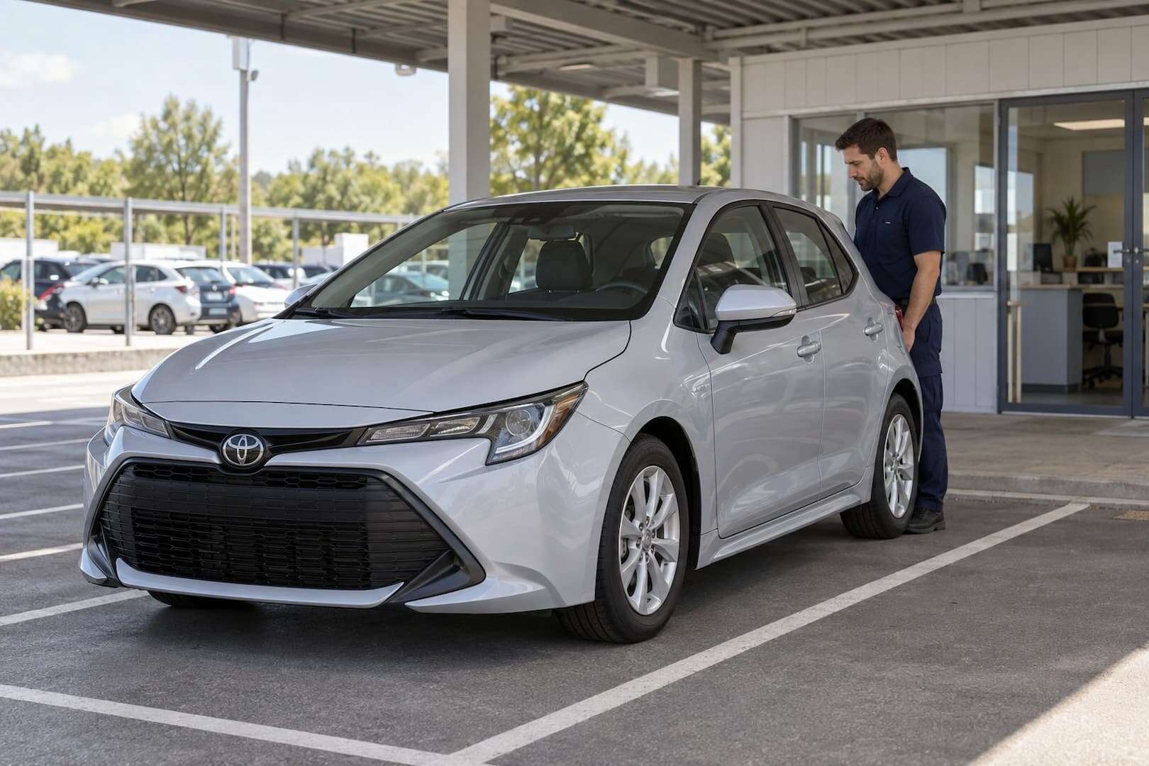 Rental employee preparing a compact car in a clean vehicle collection bay