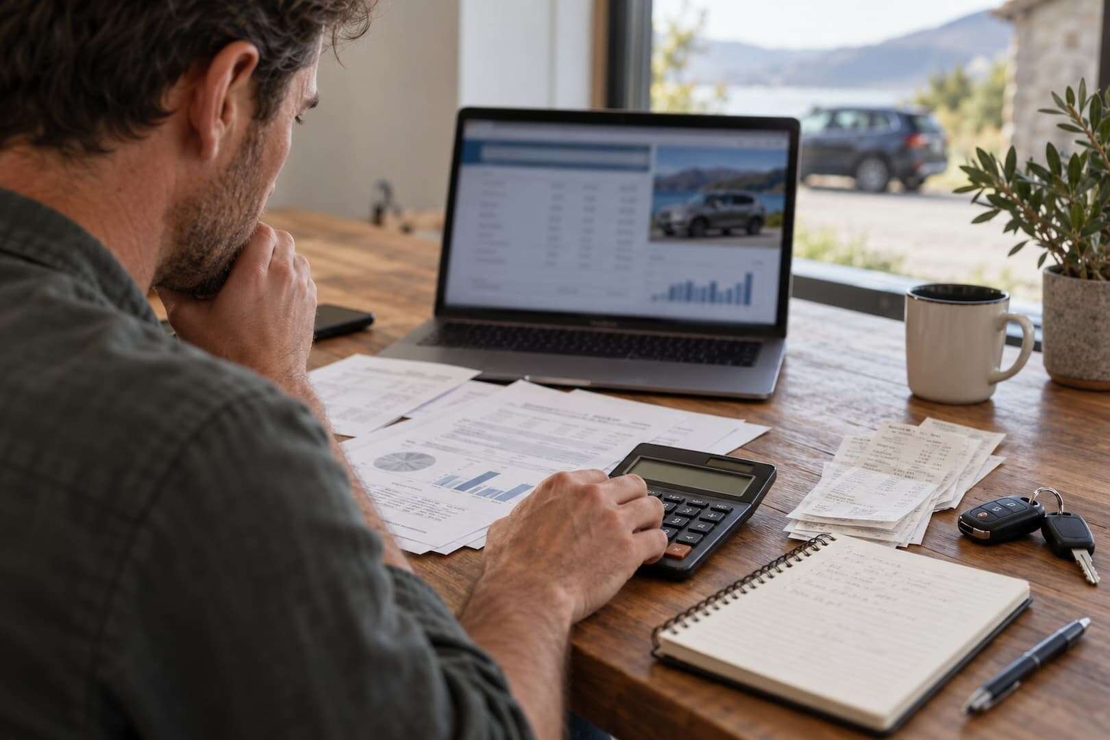 Rental operator checking financial assumptions with a calculator
