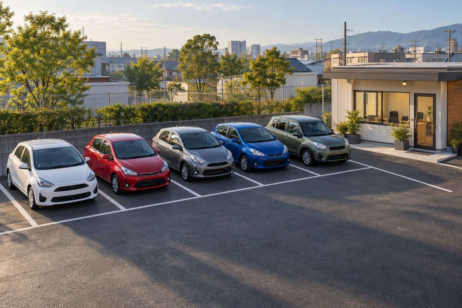 Five compact rental cars at a small independent collection office