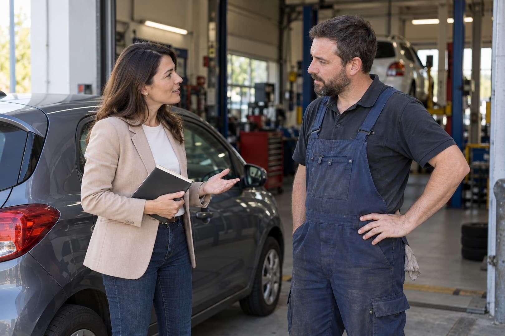 Rental business founder discussing possible referral demand with a repair shop manager