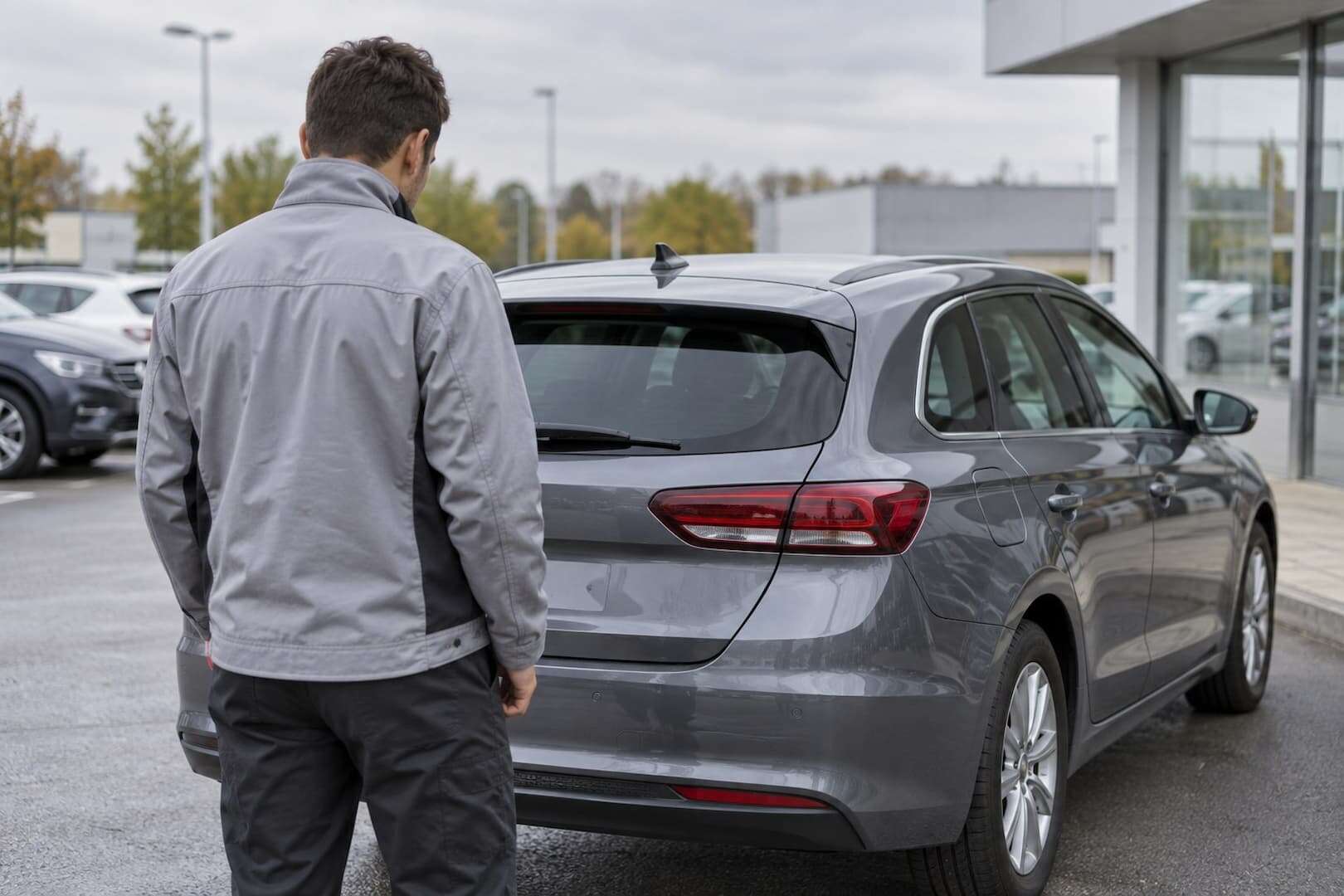 A rental employee reviewing the exterior of a parked car after return