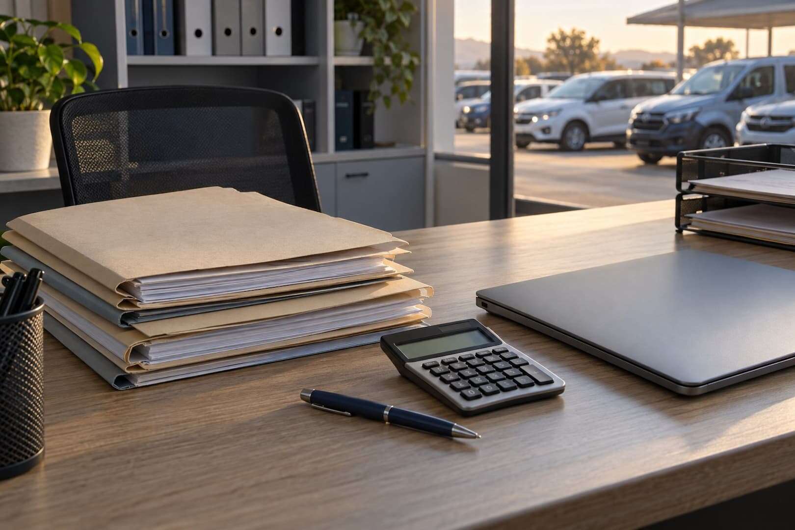 An organized office work area with invoice folders and an unbranded calculator