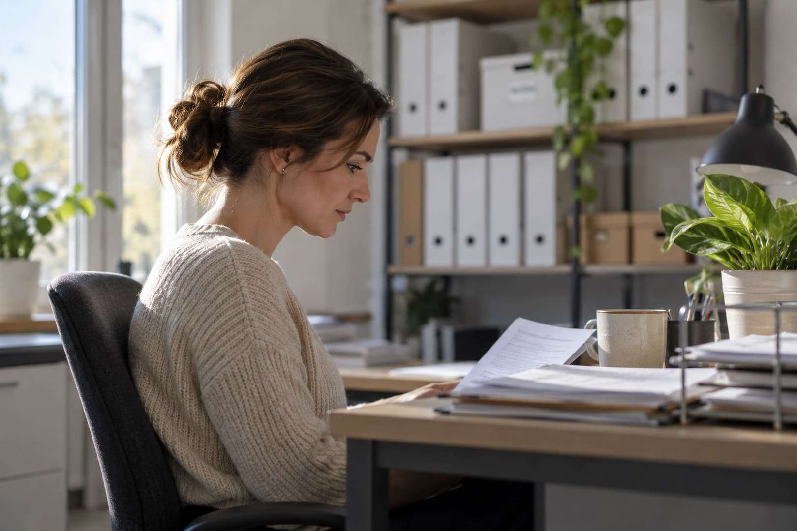 A rental-office desk prepared for checking a bill and its supporting records