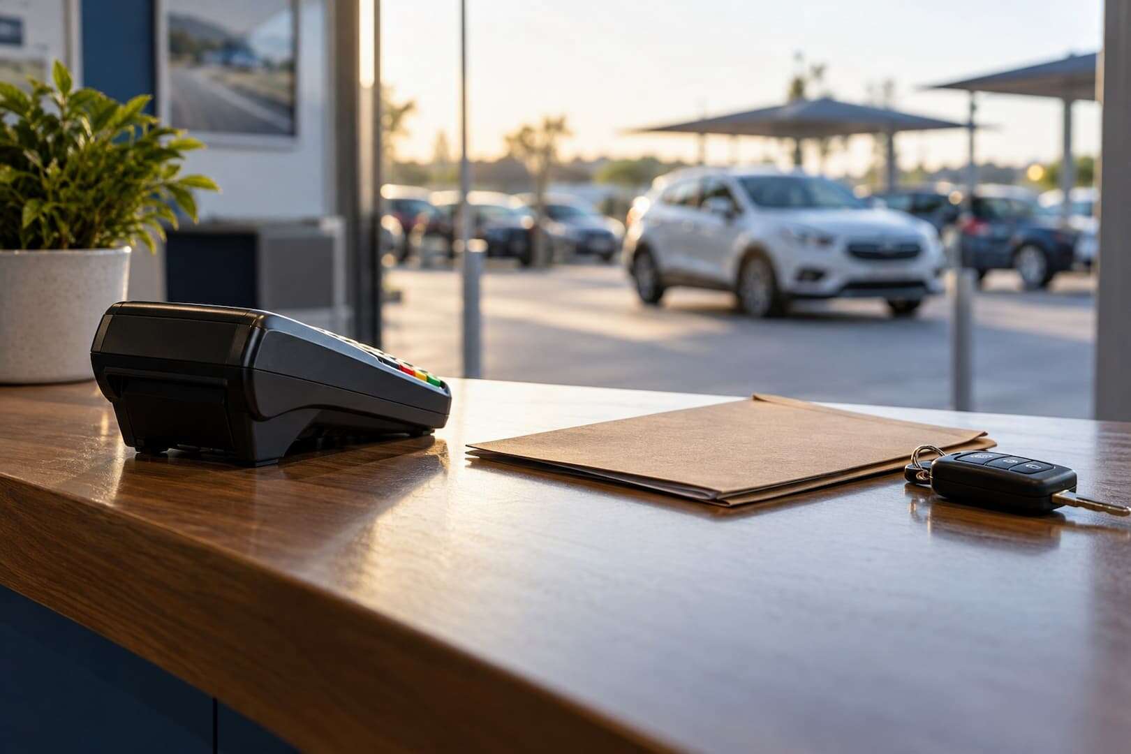 A payment terminal and a plain receipt folder at a rental counter