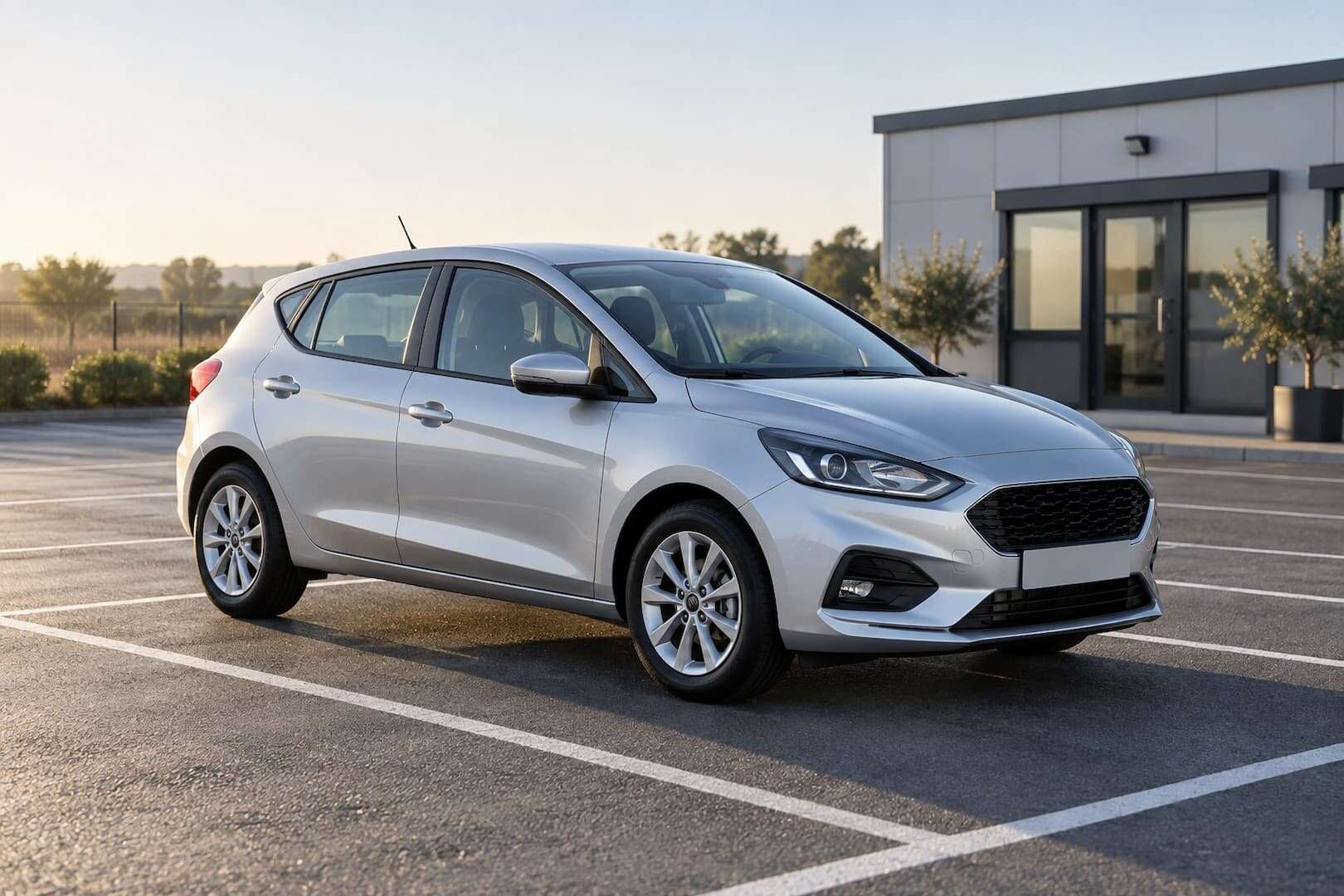 Compact rental car parked outside a small vehicle depot