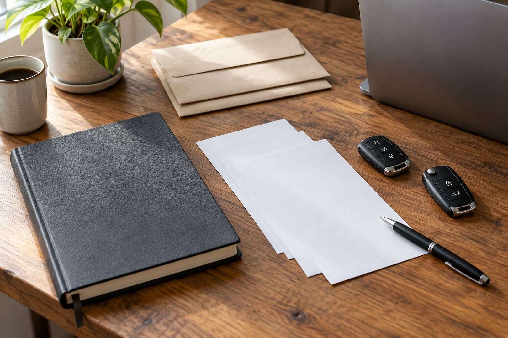 Vehicle keys and plain financial paperwork on a rental business desk