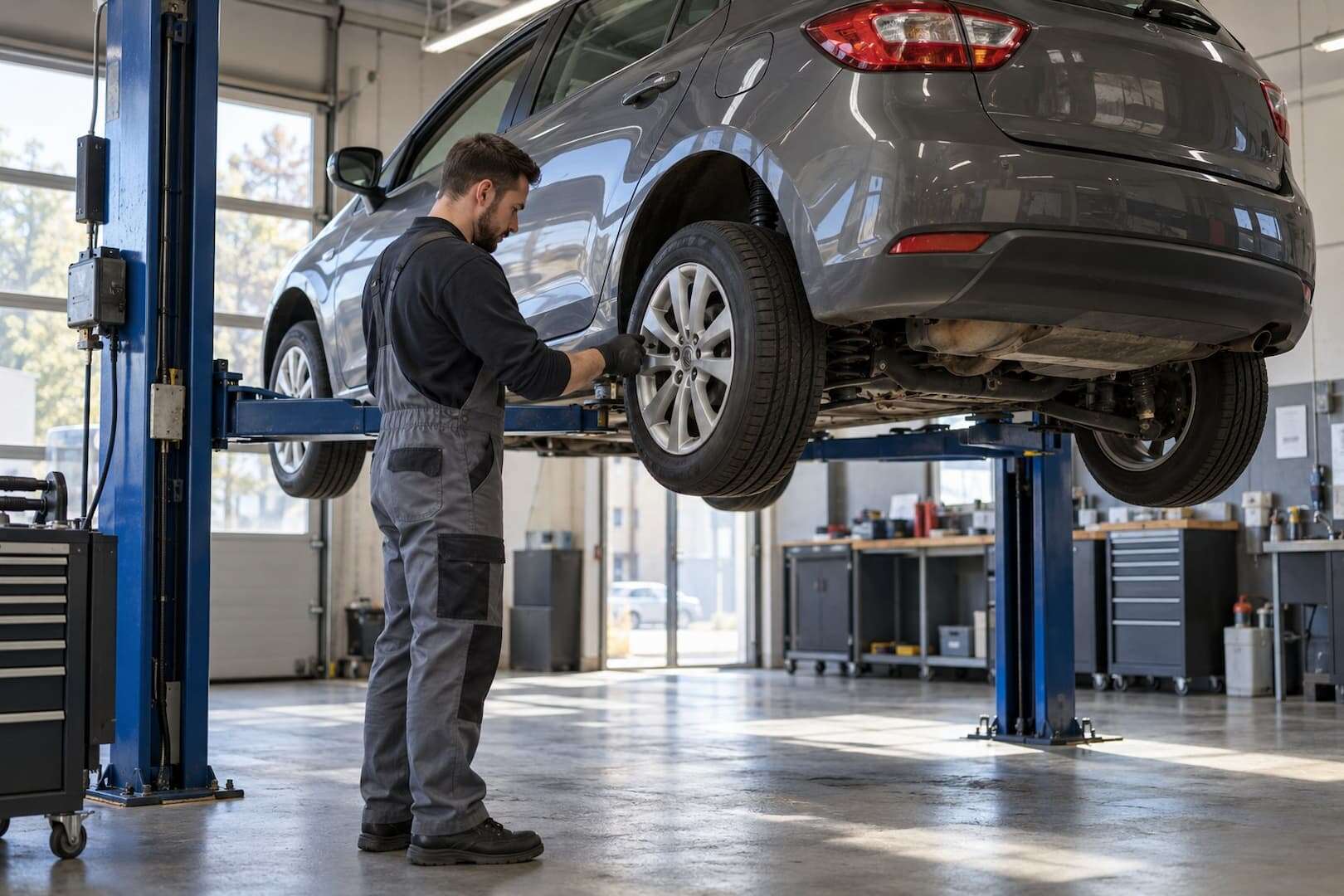 Mechanic inspecting a rental vehicle raised on a workshop lift