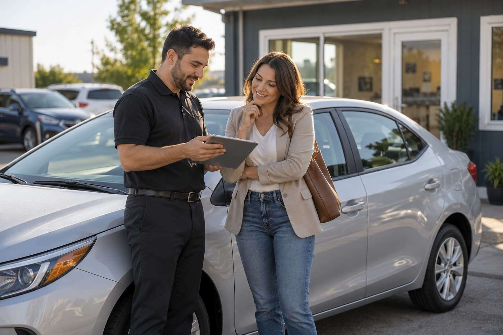 Rental operator testing a digital handover process on a tablet beside a car