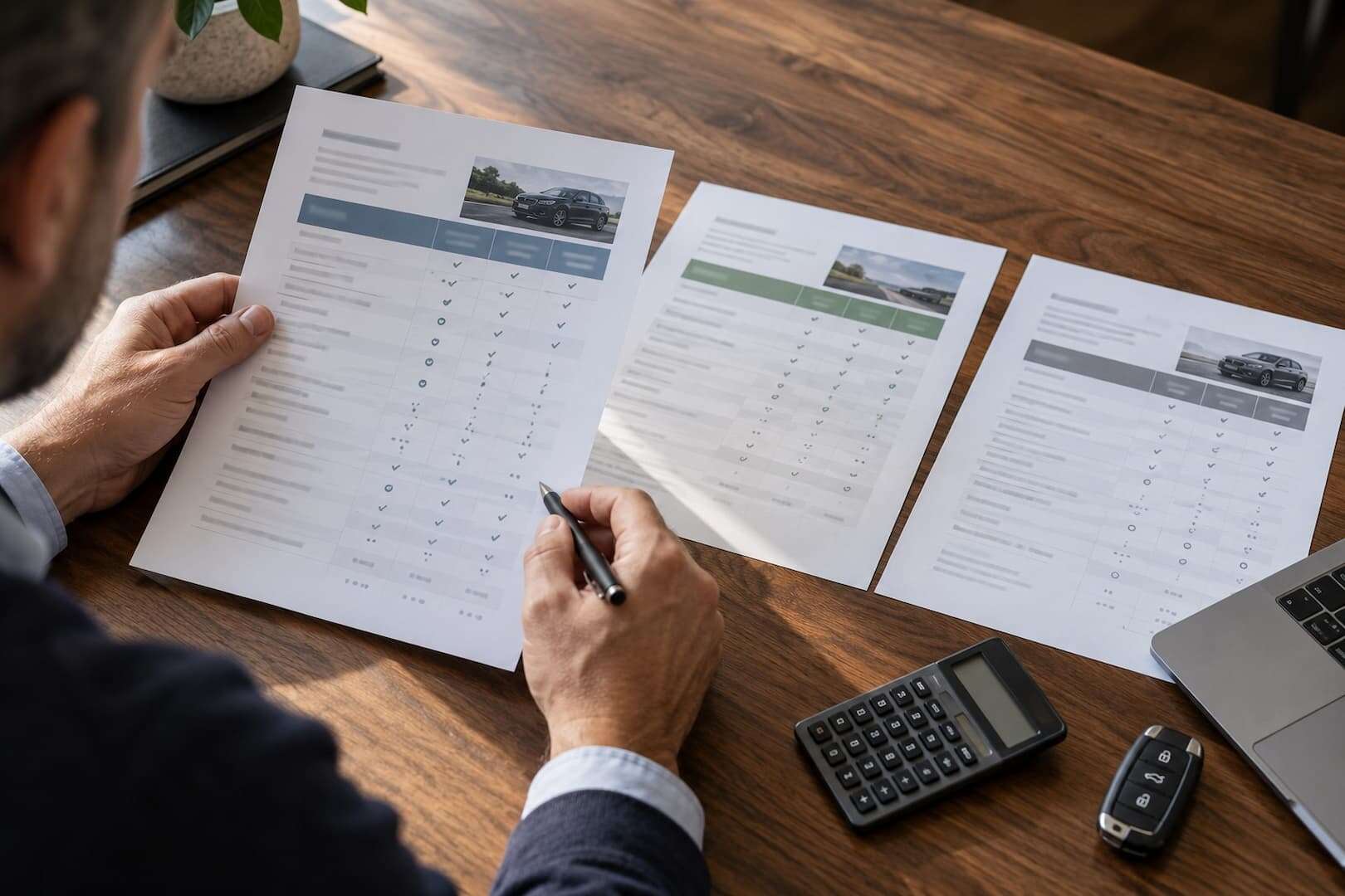 Business owner comparing three software quotations with a calculator