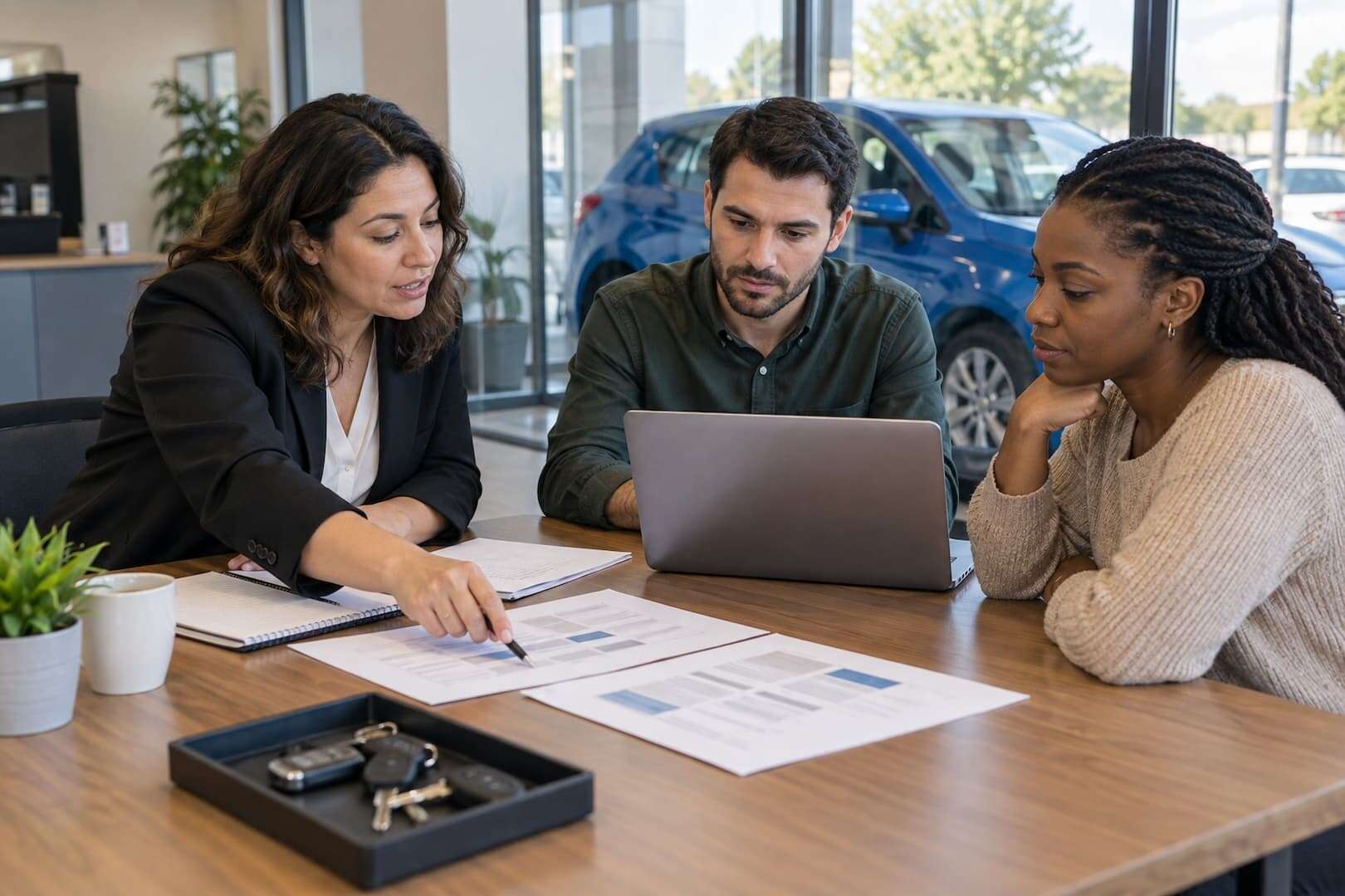 Rental office team reviewing software requirements beside their booking desk