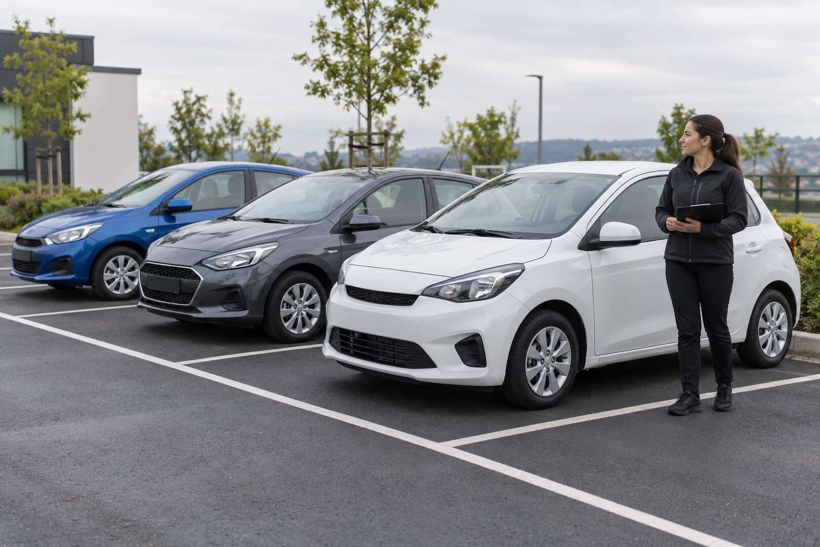 Rental employee checking a small fleet of compact vehicles in marked parking bays