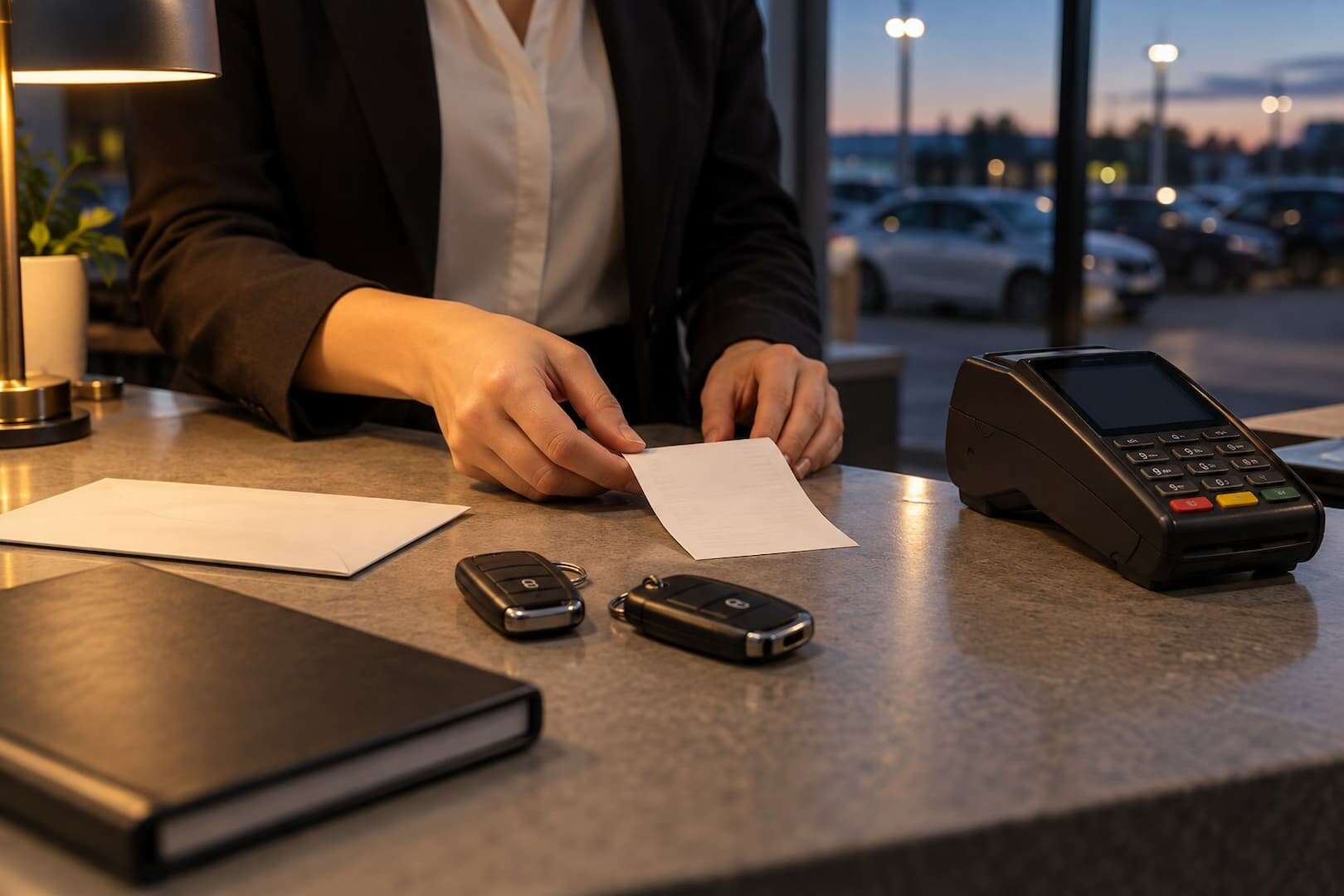 Rental counter with a receipt, payment terminal and vehicle keys during reconciliation