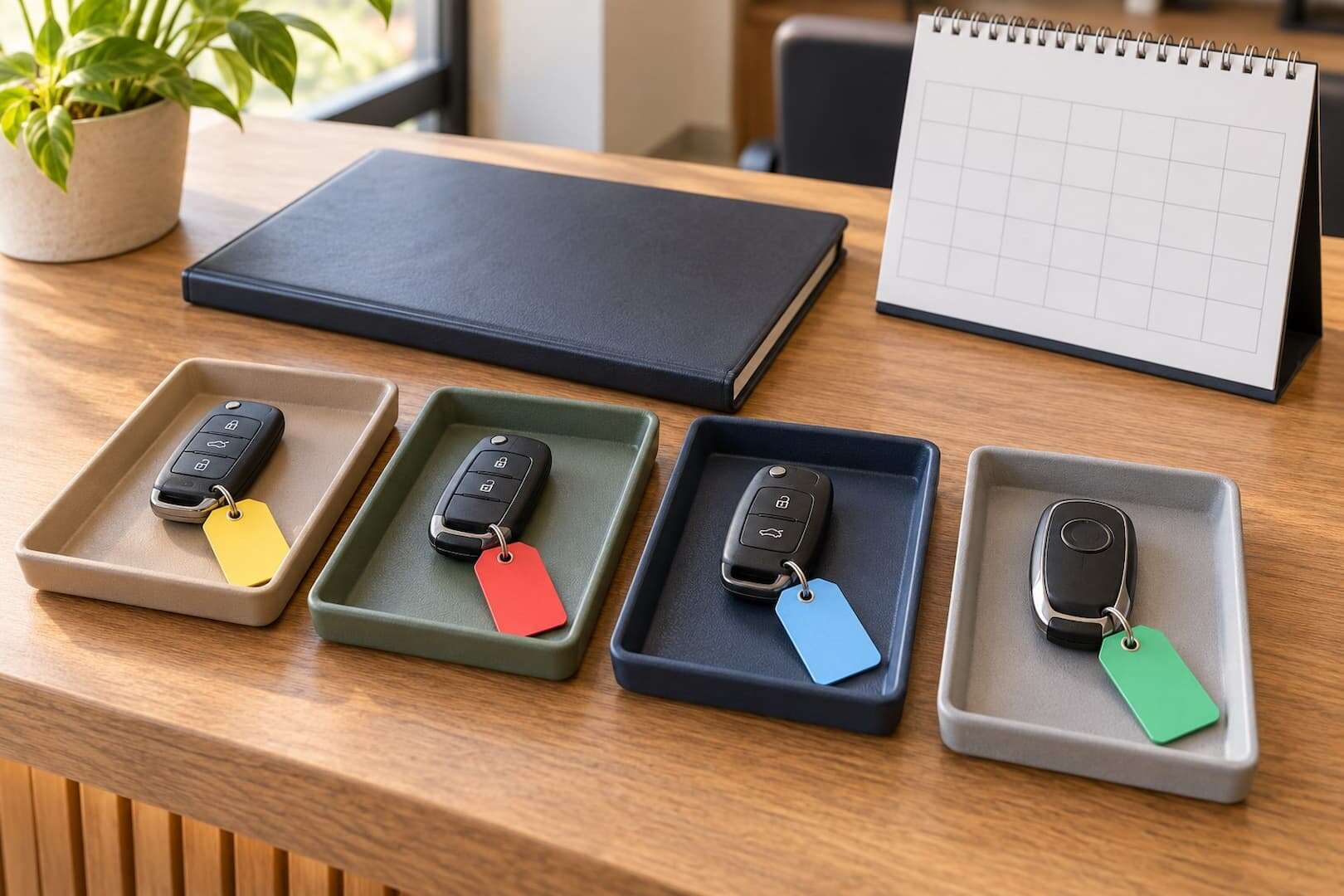 Separate car keys arranged in trays on a rental office counter