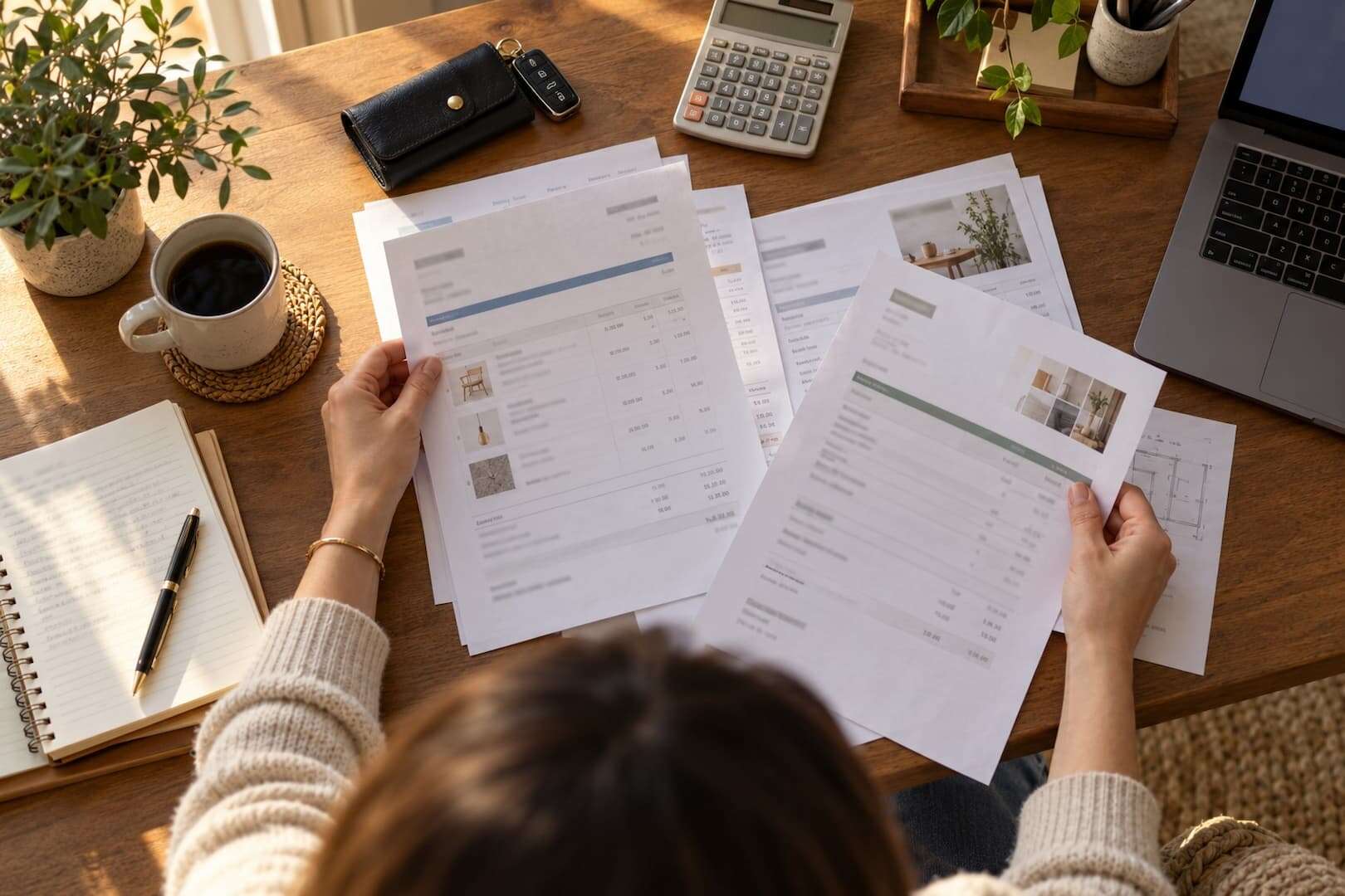 Business owner reviewing startup quotes and available cash at a desk