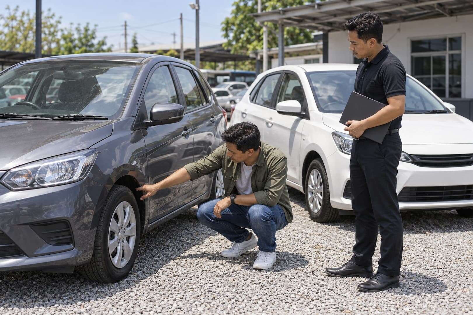 Rental entrepreneur comparing compact cars at a vehicle sales lot