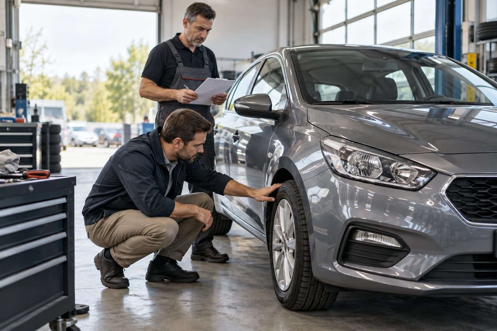 Rental manager checking the condition of a compact car before adding it to the fleet