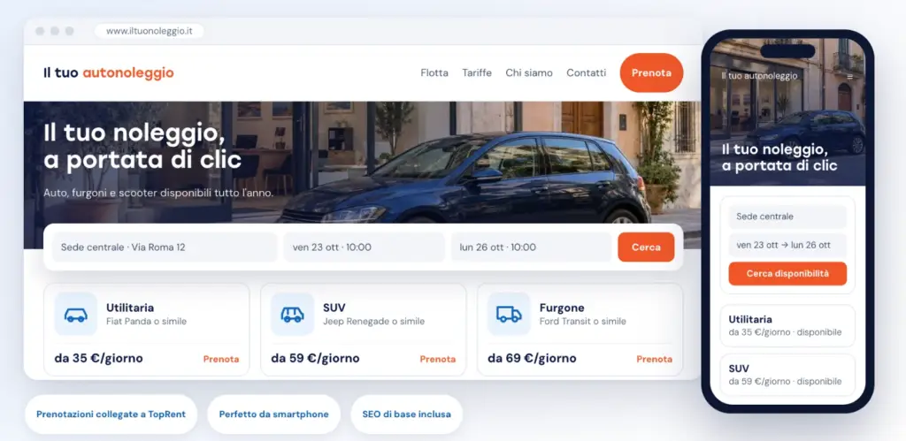 Esempio di sito web per autonoleggio con prenotazione online, flotta e versione per smartphone