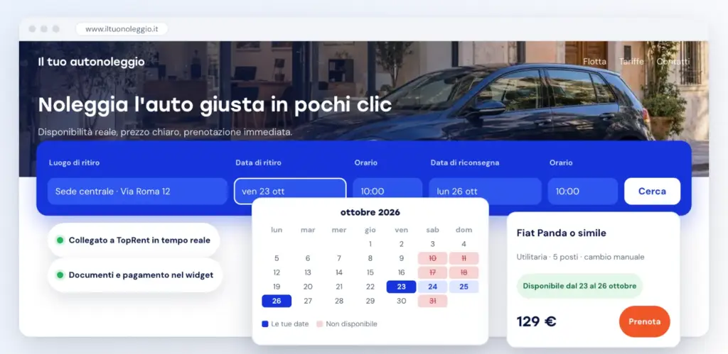 Esempio di widget di prenotazione online collegato a TopRent: ricerca per sede e date, calendario delle disponibilità e prenotazione