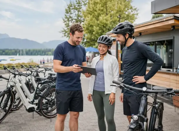 Bike rental staff assisting customers with bicycles at a modern rental location